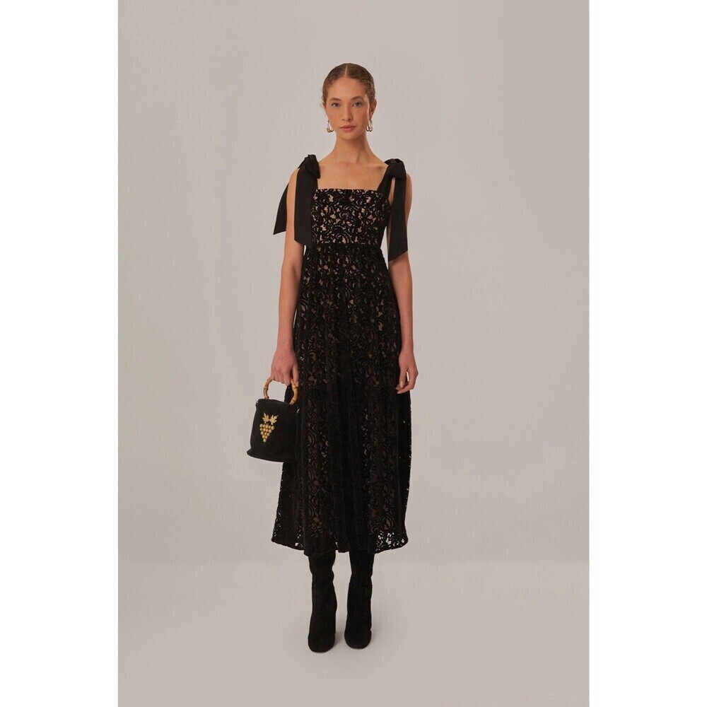 NWD Farm Rio Black Velvet Lace Sleeveless Maxi Dress Bow XXS Romantic Whimsical